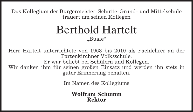  Traueranzeige für Berthold Hartelt vom 14.02.2015 aus merkurtz