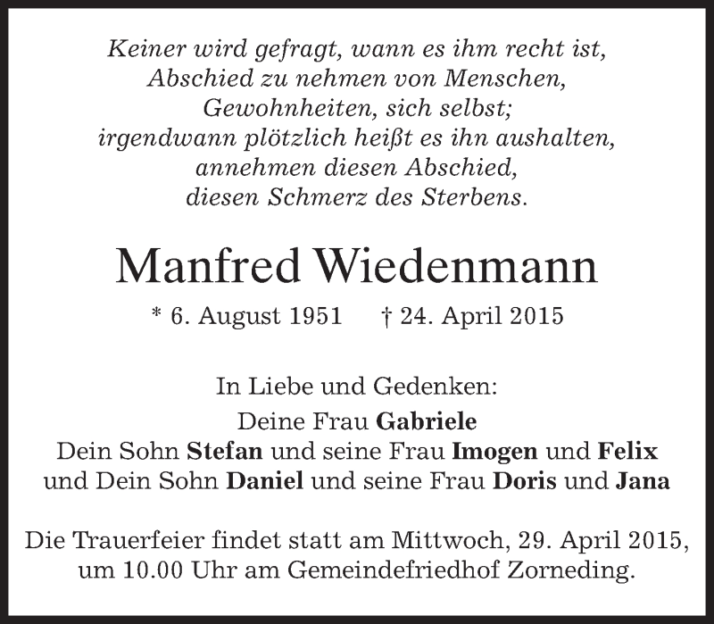  Traueranzeige für Manfred Wiedenmann vom 27.04.2015 aus merkurtz
