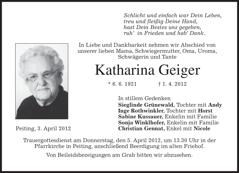 Traueranzeigen von Katharina Geiger | trauer.merkur.de