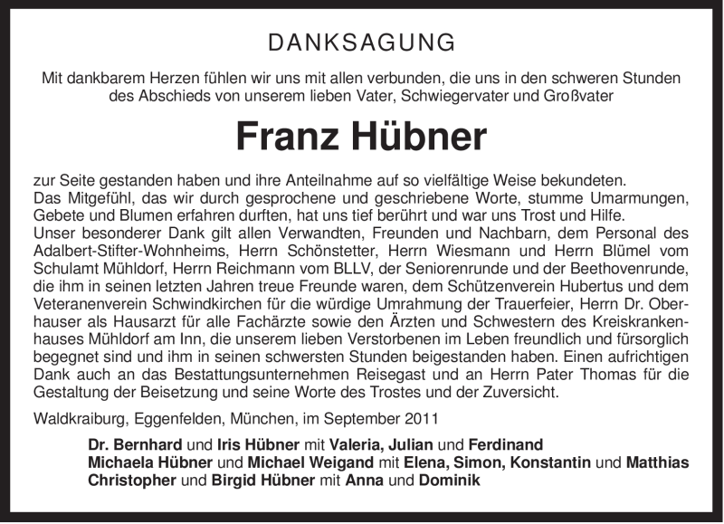  Traueranzeige für Franz Hübner vom 17.09.2011 aus MERKUR & TZ