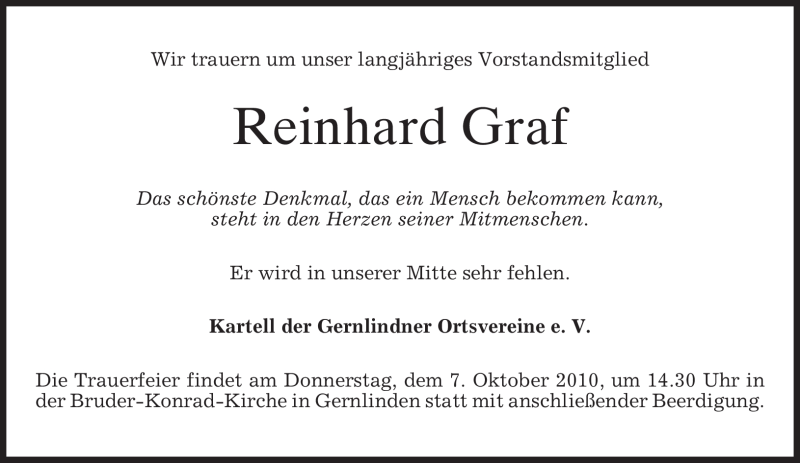  Traueranzeige für Reinhard Graf vom 06.10.2010 aus MERKUR & TZ