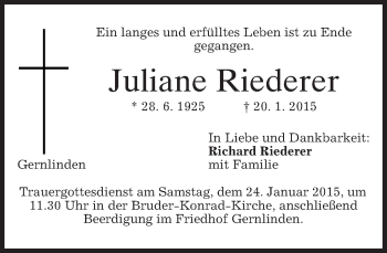 Traueranzeige von Juliane Riederer von merkurtz