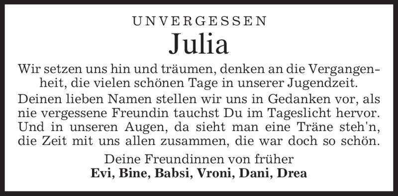  Traueranzeige für Julia Unbekannt vom 14.04.2012 aus MERKUR & TZ