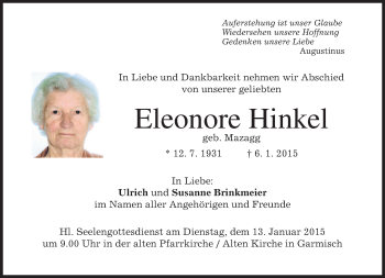 Traueranzeige von Eleonore Hinkel von merkurtz