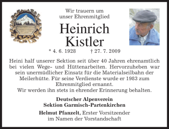Traueranzeige von Heinrich Kistler von MERKUR & TZ