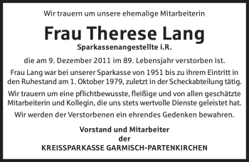 Traueranzeige von Therese Lang von MERKUR & TZ