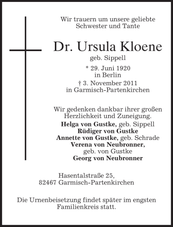Traueranzeige von Ursula Kloene von MERKUR & TZ