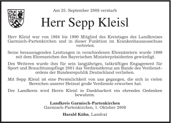 Traueranzeige von Sepp Kleisl von MERKUR & TZ