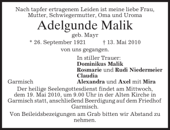 Traueranzeige von Adelgunde Malik von MERKUR & TZ