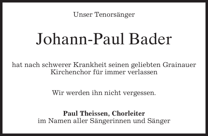  Traueranzeige für Johann-Paul Bader vom 29.09.2010 aus MERKUR & TZ