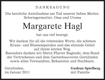 Traueranzeige von Margarete Hagl von MERKUR & TZ