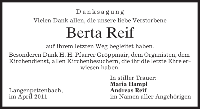  Traueranzeige für Berta Reif vom 30.04.2011 aus MERKUR & TZ
