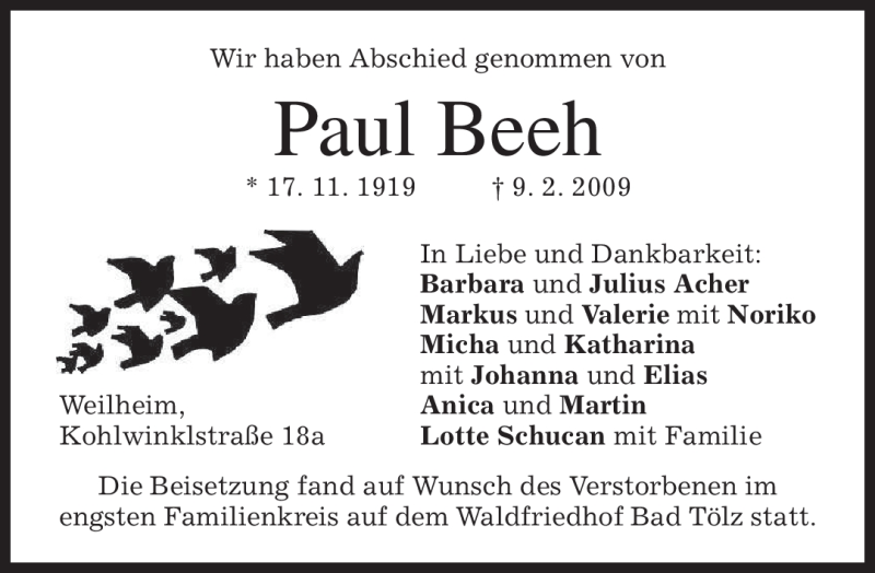  Traueranzeige für Paul Beeh vom 28.02.2009 aus MERKUR & TZ