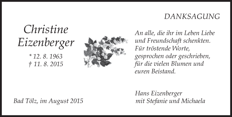  Traueranzeige für Christine Eizenberger vom 29.08.2015 aus merkurtz