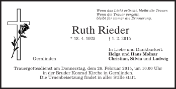 Traueranzeige von Ruth Rieder von merkurtz