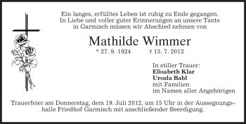 Traueranzeige von Mathilde Wimmer von MERKUR & TZ
