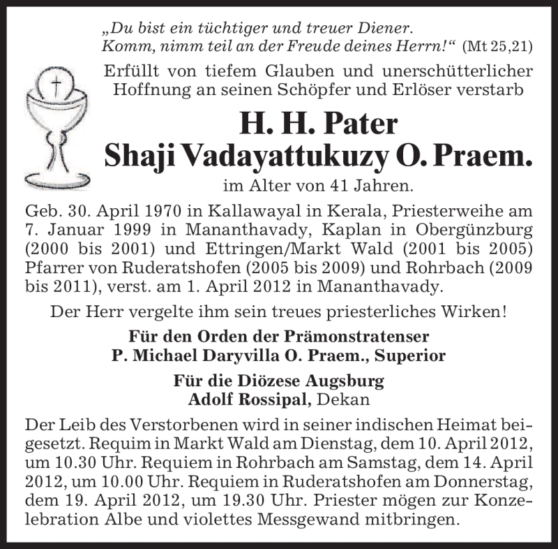 Traueranzeige für Shaji Vadayattukuzy vom 05.04.2012 aus MERKUR & TZ