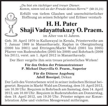 Traueranzeige von Shaji Vadayattukuzy von MERKUR & TZ