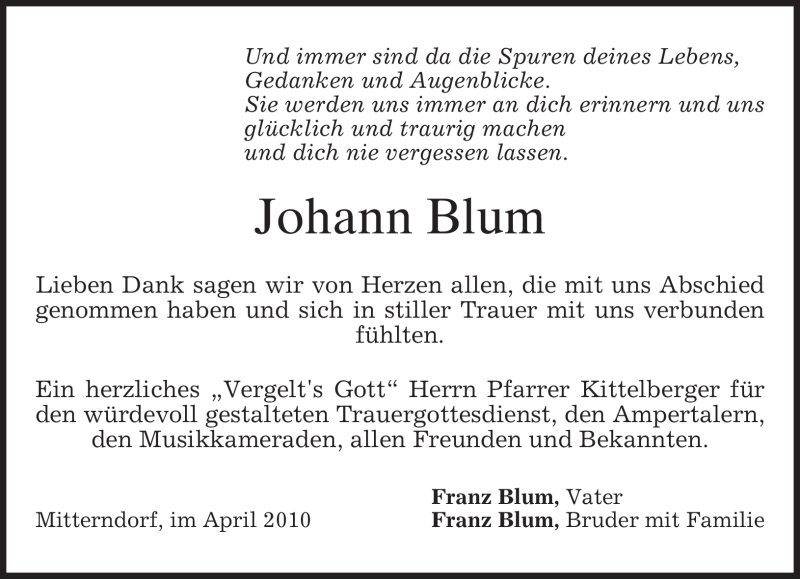  Traueranzeige für Johann Blum vom 17.04.2010 aus MERKUR & TZ