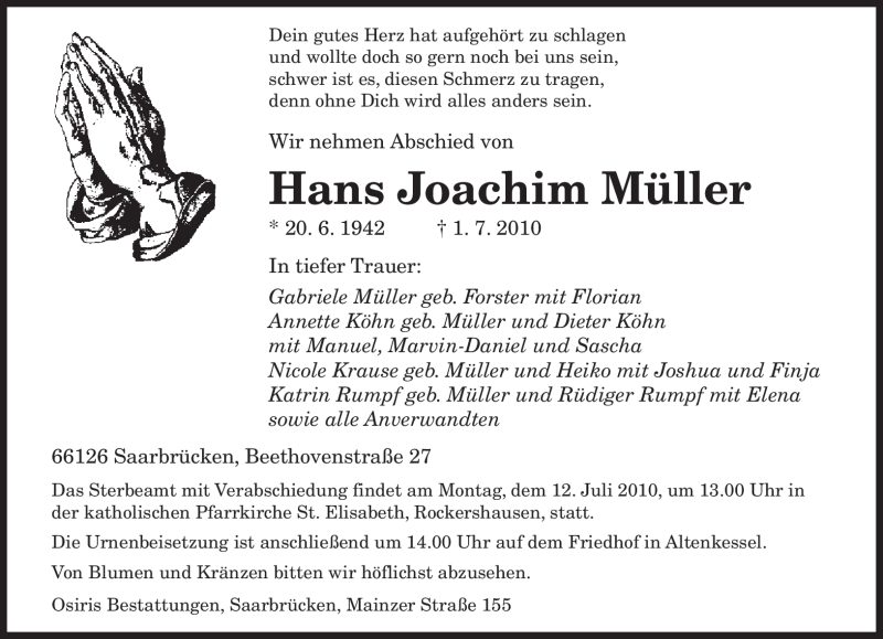  Traueranzeige für Hans Joachim Müller vom 03.07.2010 aus MERKUR & TZ