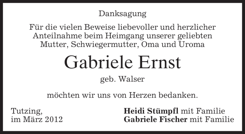  Traueranzeige für Gabriele Ernst vom 24.03.2012 aus MERKUR & TZ