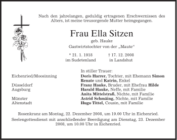 Traueranzeige von Ella Sitzen von MERKUR & TZ