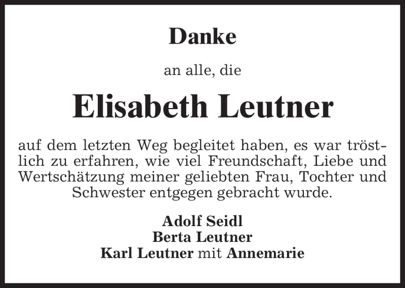  Traueranzeige für Elisabeth Leutner vom 16.05.2009 aus MERKUR & TZ