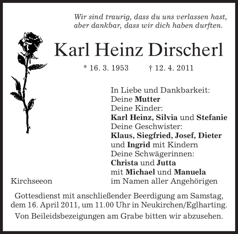  Traueranzeige für Karl Heinz Dirscherl vom 14.04.2011 aus MERKUR & TZ