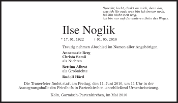 Traueranzeige von Ilse Noglik von MERKUR & TZ