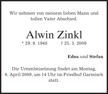 Traueranzeige von Alwin Zinkl von MERKUR & TZ