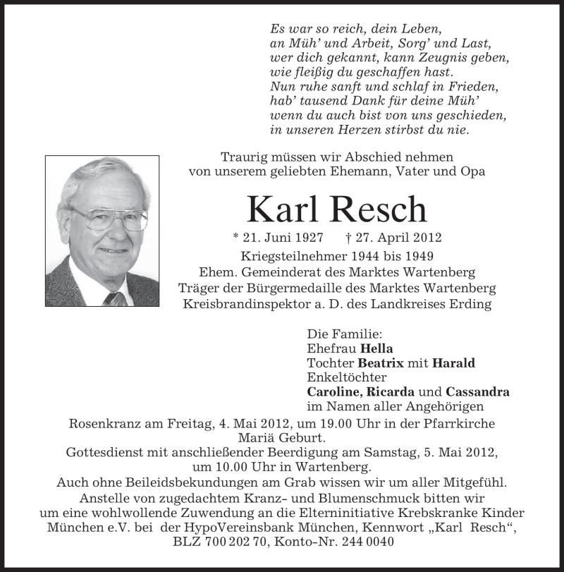  Traueranzeige für Karl Resch vom 02.05.2012 aus MERKUR & TZ