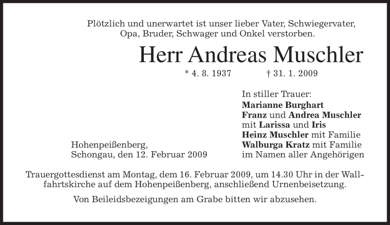  Traueranzeige für Andreas Muschler vom 12.02.2009 aus MERKUR & TZ