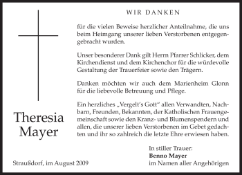 Traueranzeige von Theresia Mayer von MERKUR & TZ