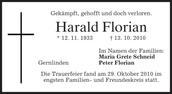 Traueranzeige von Harald Florian von MERKUR & TZ