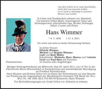 Traueranzeige von Hans Wimmer von MERKUR & TZ