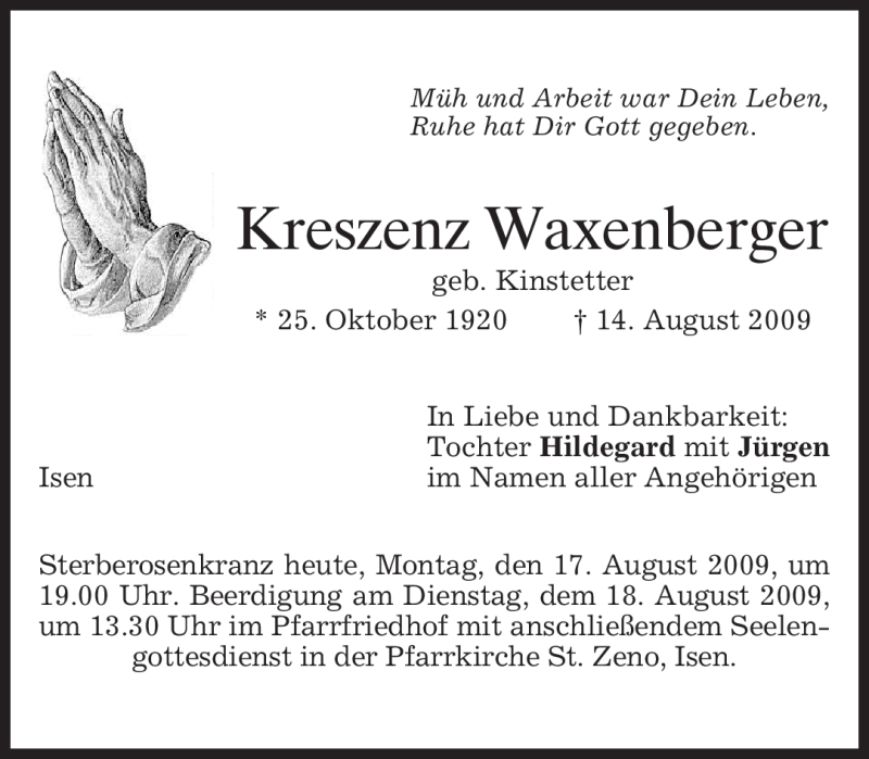  Traueranzeige für Kreszenz Waxenberger vom 17.08.2009 aus MERKUR & TZ
