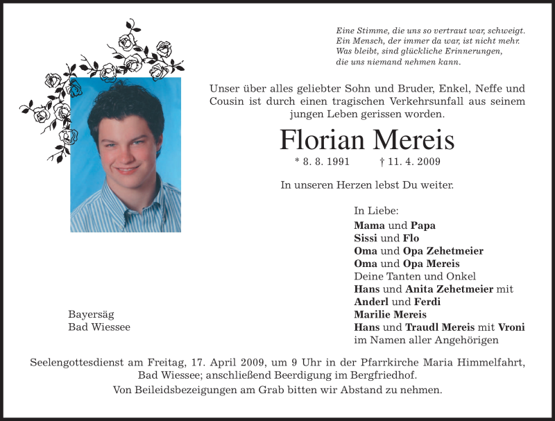  Traueranzeige für Florian Mereis vom 15.04.2009 aus MERKUR & TZ