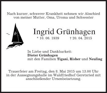 Traueranzeige von Ingrid Grünhagen von merkurtz