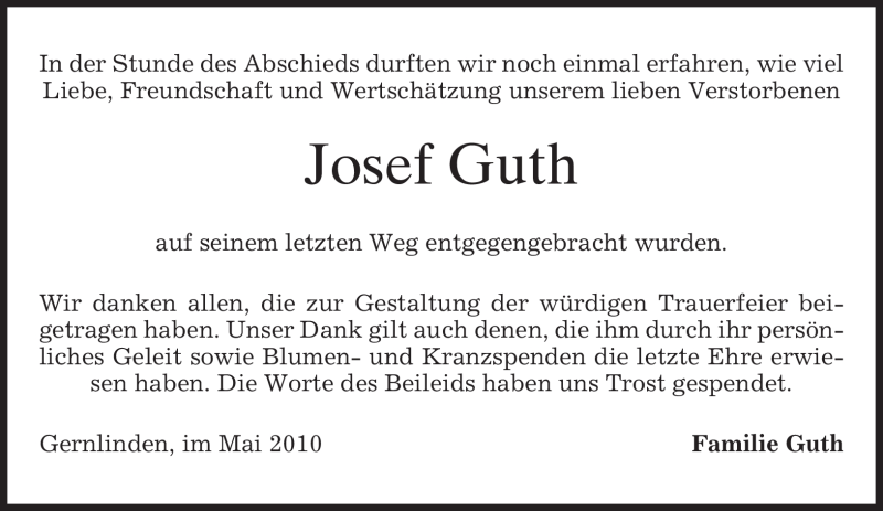  Traueranzeige für Josef Guth vom 10.05.2010 aus MERKUR & TZ