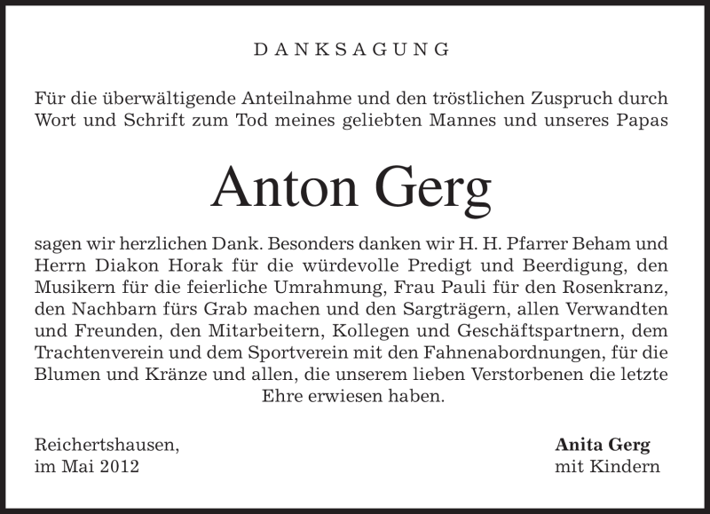  Traueranzeige für Anton Gerg vom 12.05.2012 aus MERKUR & TZ