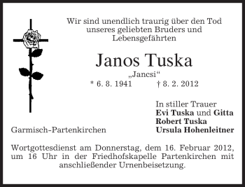 Traueranzeige von Janos Tuska von MERKUR & TZ