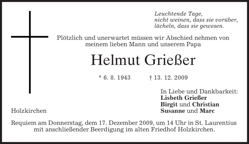  Traueranzeige für Helmut Grießer vom 15.12.2009 aus MERKUR & TZ