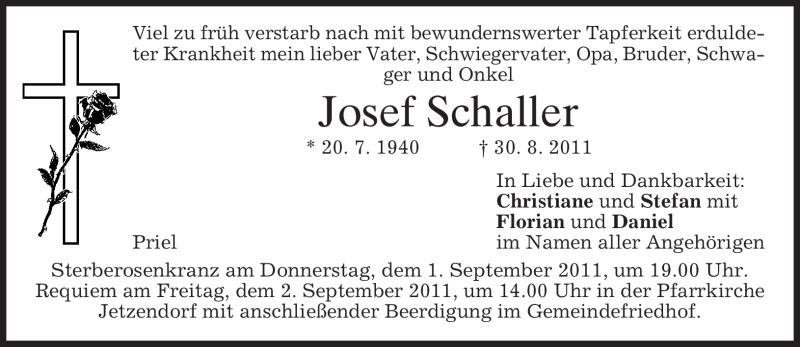 Traueranzeige für Josef Schaller vom 31.08.2011 aus MERKUR & TZ