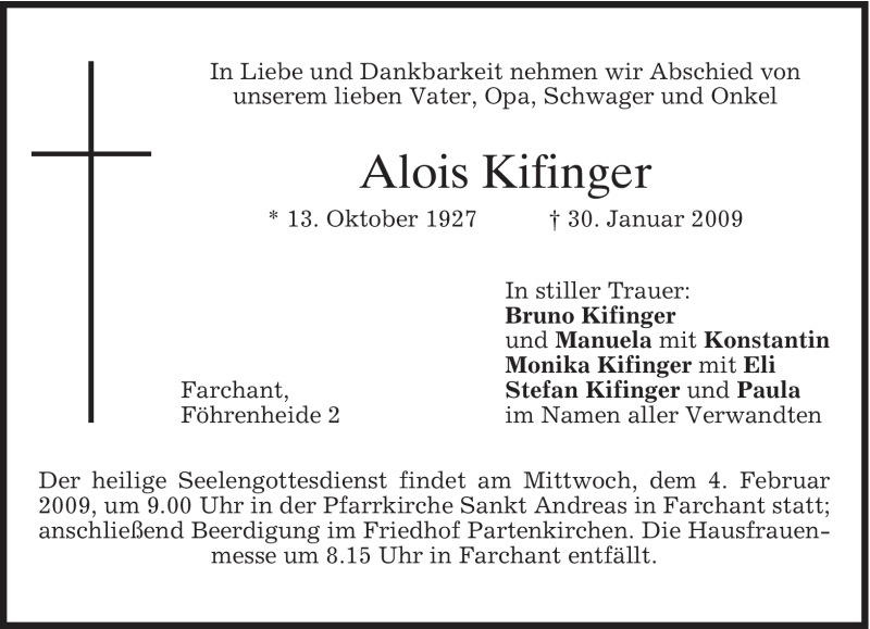  Traueranzeige für Alois Kifinger vom 02.02.2009 aus MERKUR & TZ