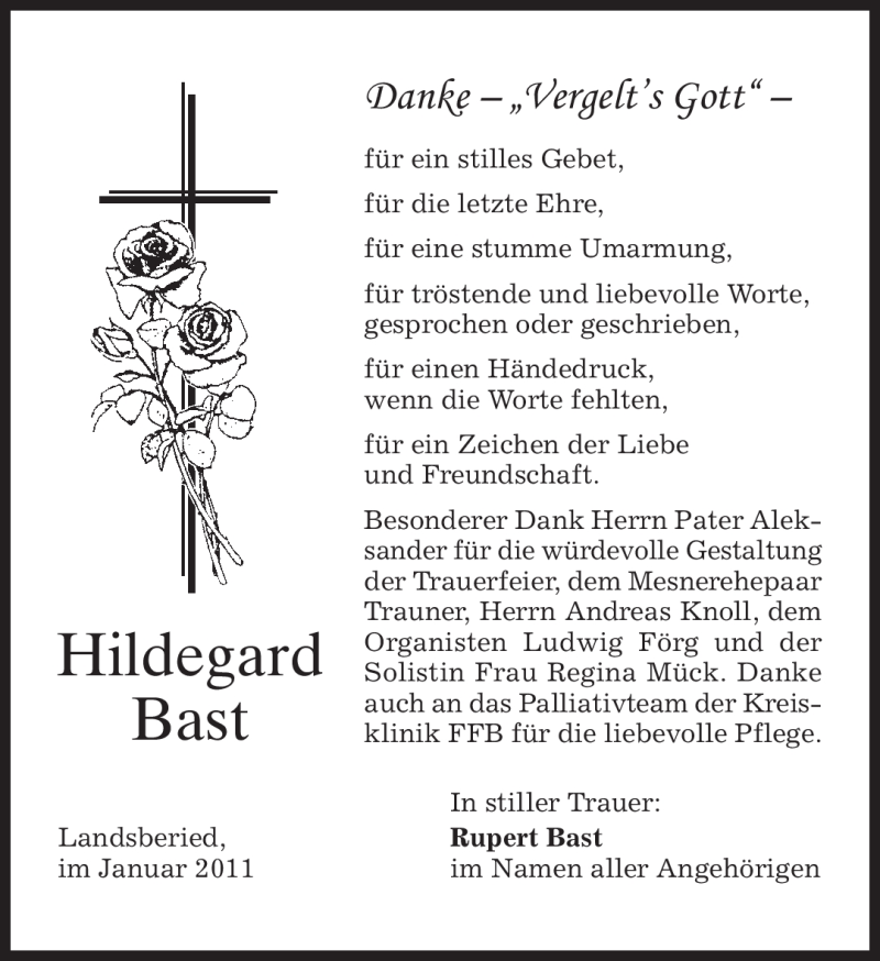  Traueranzeige für Hildegard Bast vom 14.01.2011 aus MERKUR & TZ