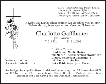 Traueranzeige von Charlotte Gaßlbauer von MERKUR & TZ
