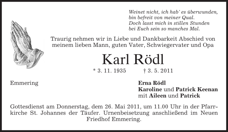  Traueranzeige für Karl Rödl vom 24.05.2011 aus MERKUR & TZ