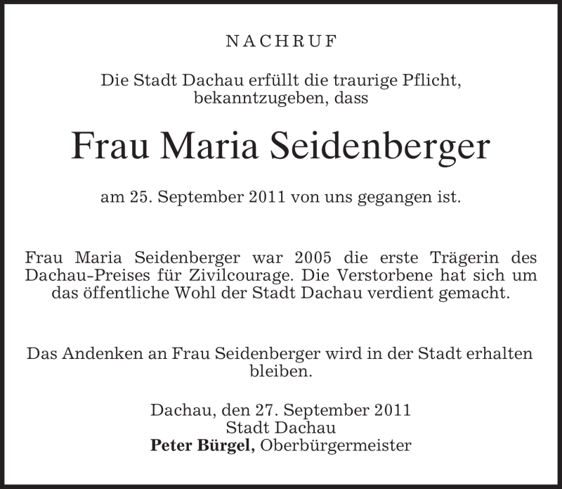  Traueranzeige für Maria Seidenberger vom 27.09.2011 aus MERKUR & TZ