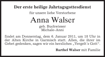 Traueranzeige von Anna Walser von MERKUR & TZ