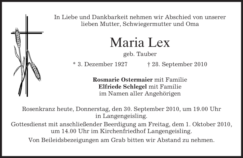  Traueranzeige für Maria Lex vom 30.10.2010 aus MERKUR & TZ